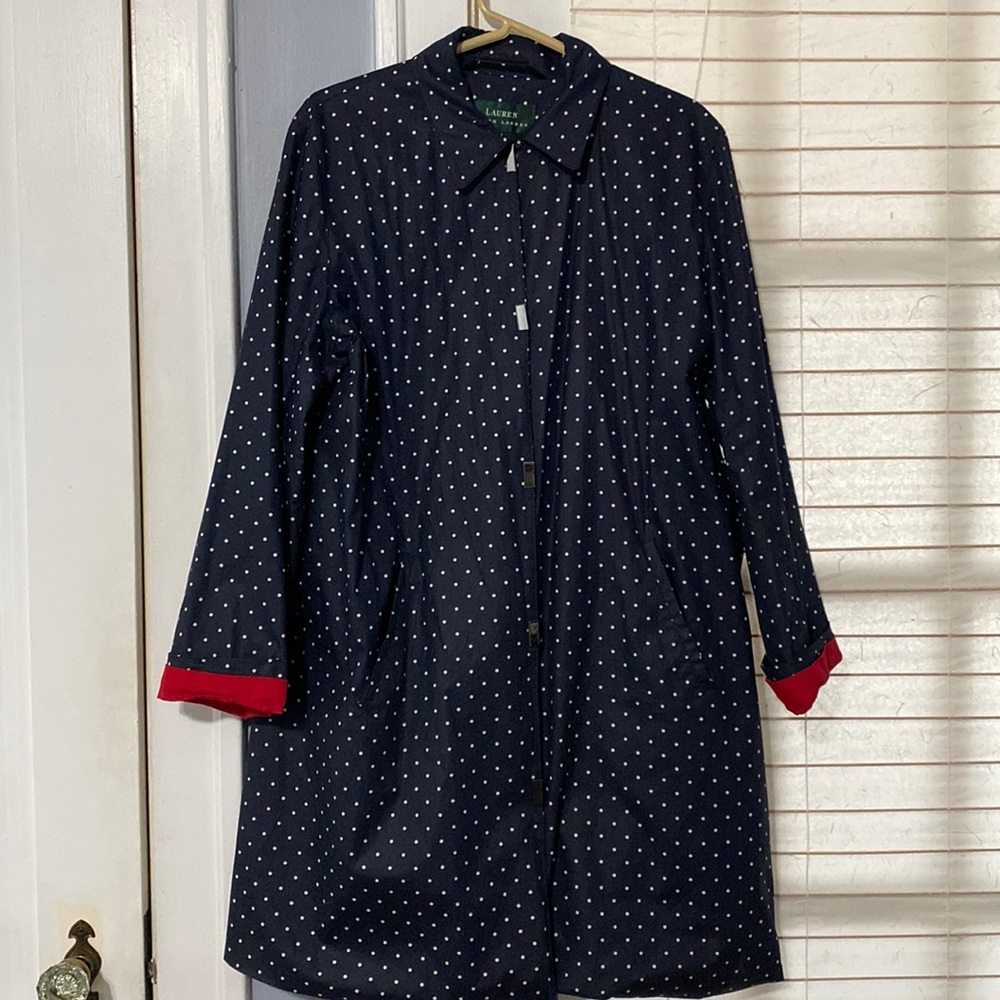 Women’s stylish Navy Polk a dot raincoat 100% cotton lining